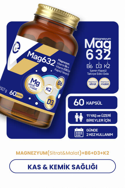 Mag632 Magnezyum, Vitamin B6 ve Vitamin D3K2 İçeren Kapsül Takviye Edici Gıda - 1